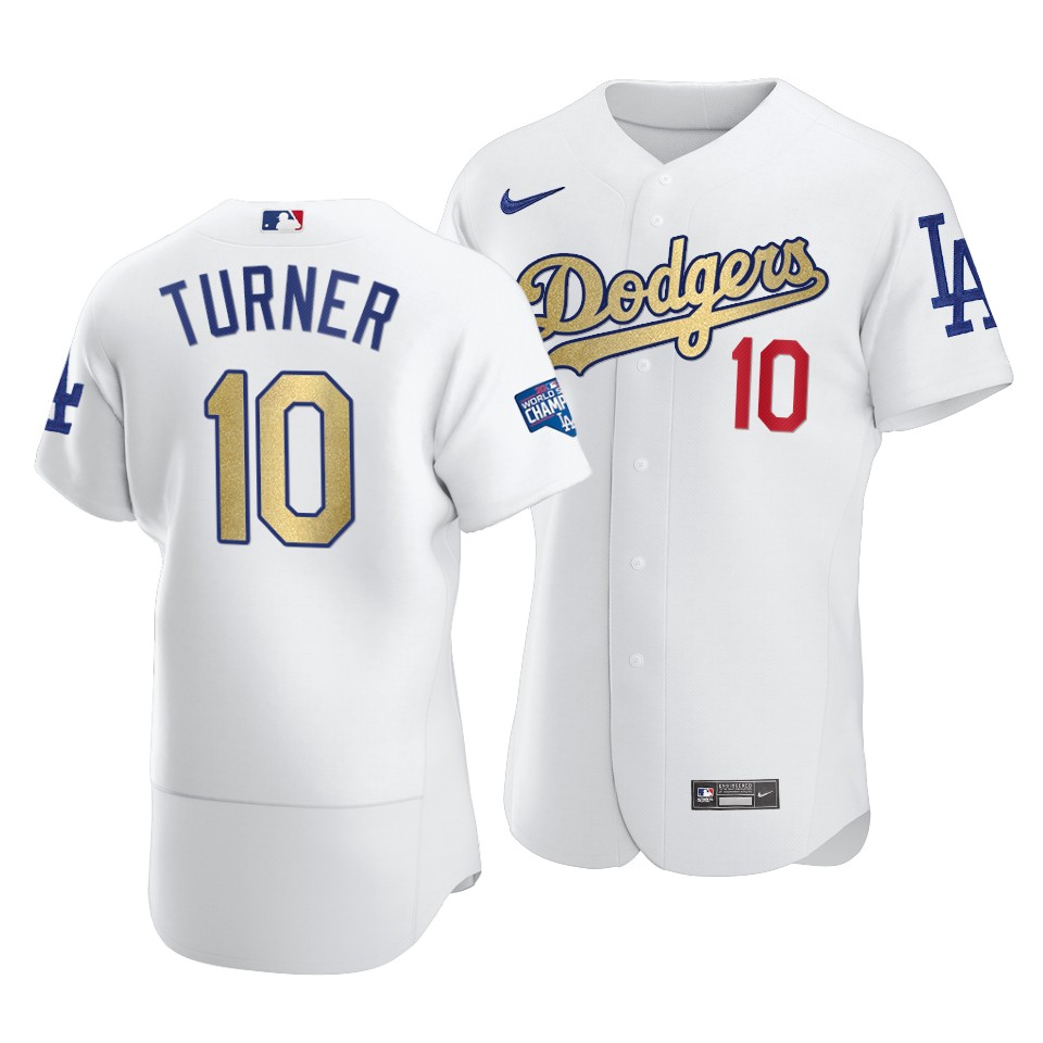 Men's Los Angeles Dodgers #10 Justin Turner 2021 White Gold World Series Champions Patch Flex Base Sttiched Jersey